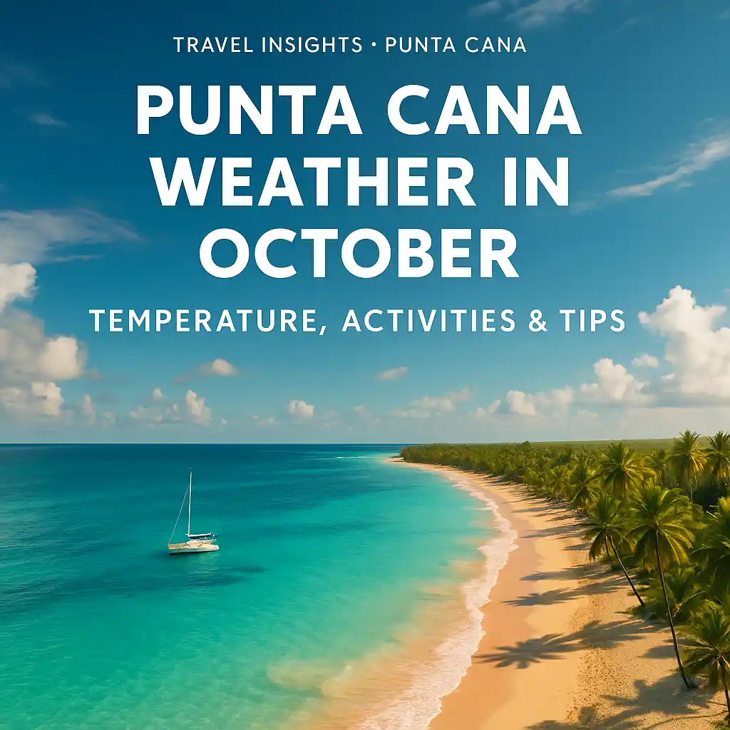 Sunny Punta Cana beach in October with turquoise water and palm trees