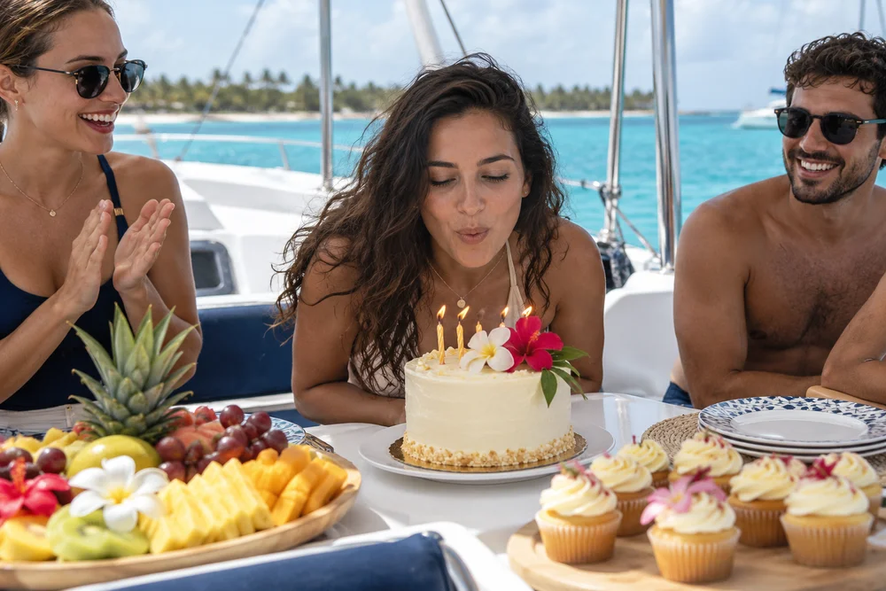 Birthday cake celebration with guests aboard a boat