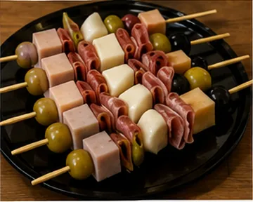 Ham, cheese and olives brochette