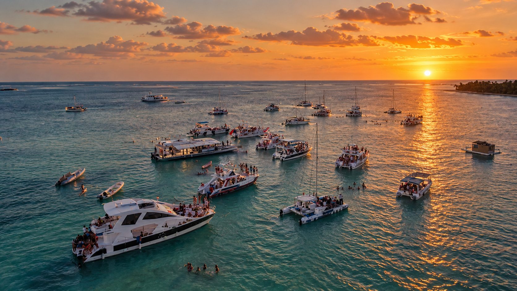 Barcos reunidos junto a la costa bajo la luz dorada