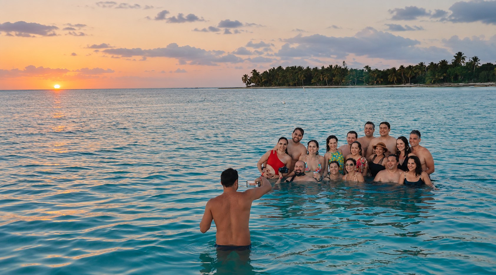 Un grupo disfrutando del agua junto a la costa al atardecer